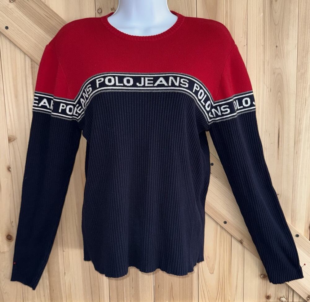 Polo Jeans Co Ralph Lauren VTG Logo Spell Out 90’s Y2K Navy Red Rib Sweater Sz L